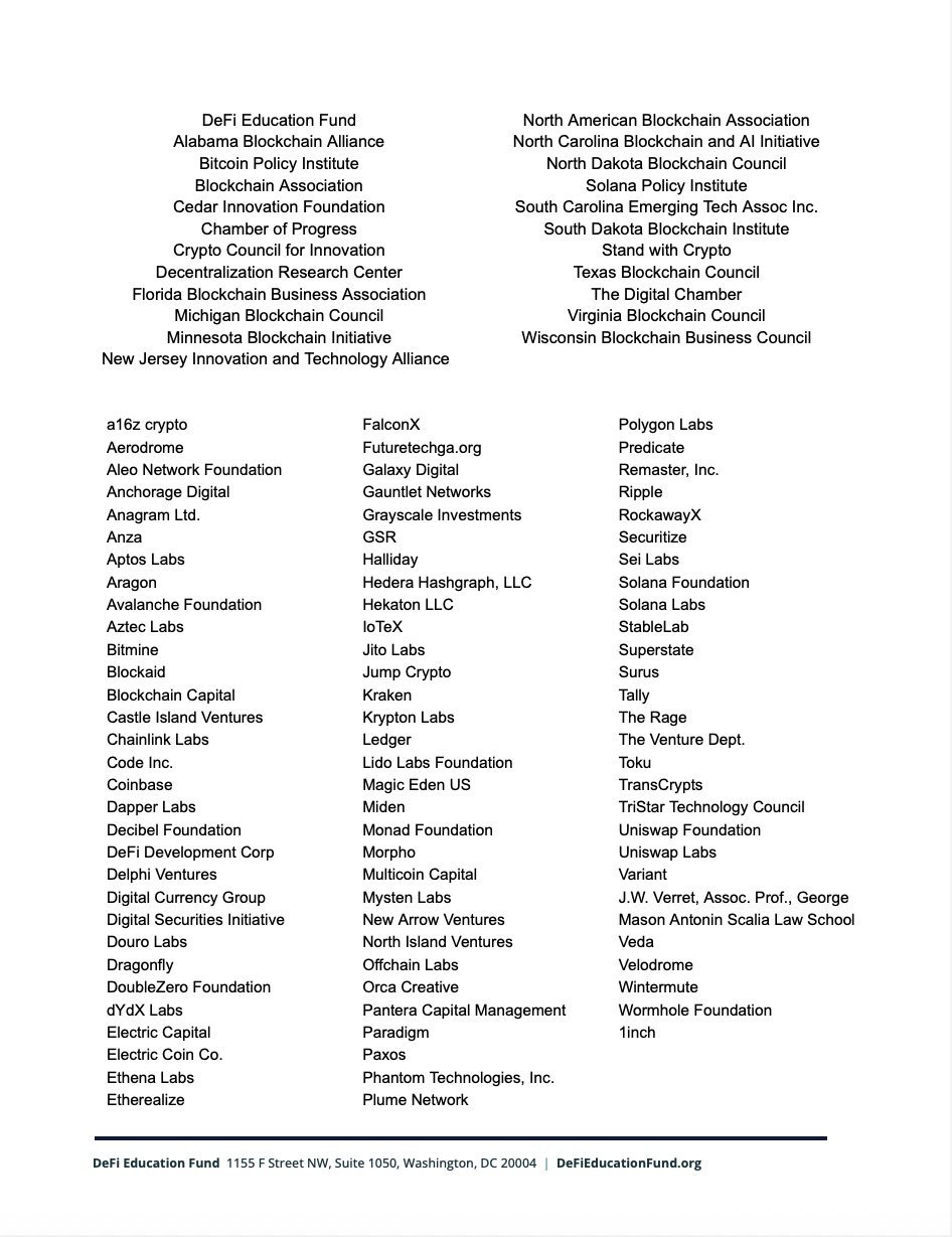 The final page of the coalition’s letter shows the signatories – over 100 of the crypto sector’s largest companies and industry associations – backing developer protections. Source: defieducationfund.org